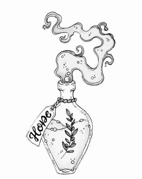 Magical Doodles, Potions Drawing, Magic Ball Tattoo, Mist Drawing, Spell Jar Drawing, Potion Tattoo Bottle, Elixir Tattoo, Magic Doodles, Poison Bottle Drawing