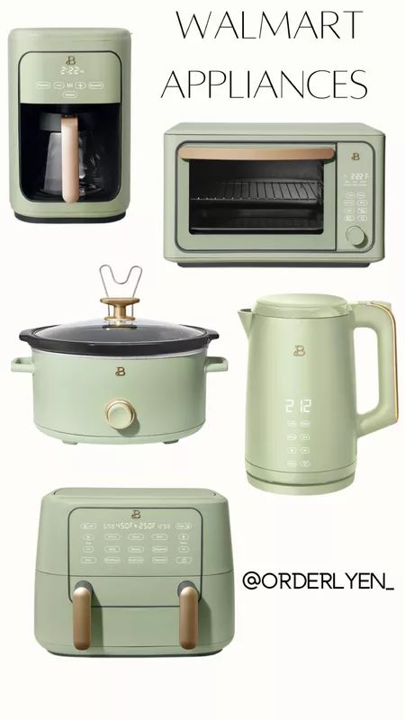 Mint Green Kitchen Appliances, Sage Appliances, Green Kitchen Appliances, Green Toaster, Green Kitchen Utensils, Colorful Kitchen Appliances, Cottage Core Kitchen, Mint Green Kitchen, Green Appliances