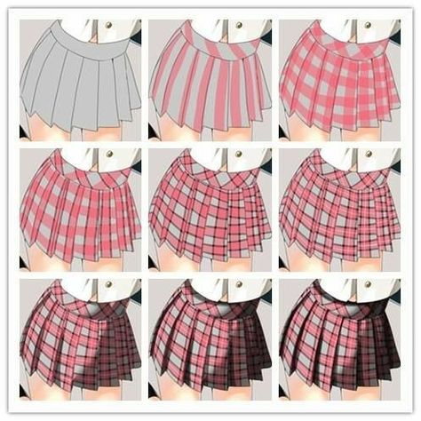 Pleated Skirt Shading Drawing, Plaid Skirt Tutorial Drawing, Plaid Skirt Drawing Reference, How To Color Clothes Anime, How To Shade Skirts Digitally, Skirt Coloring Tutorial, Shading Clothes Reference, How To Draw A Pleated Skirt, How To Draw Patterns Clothes