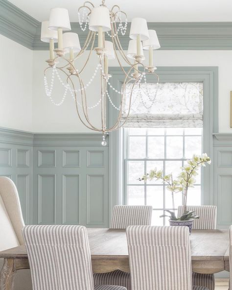 Boothbay Gray - dining room Painted Wainscoting, Dining Room Wainscoting, Kitchen Table Chairs, Dining Room Inspiration, Wainscoting, Dining Room Design, Design Element, Dining Room Decor, Upholstered Chairs