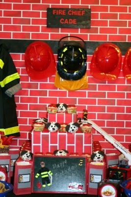 Fireman Party Table Back Drop and Cupcake Stand Firefighter Bedroom, Firefighter Room, Truck Theme Birthday, Fireman Party, Firetruck Birthday Party, Fire Truck Party, Fireman Birthday, Firefighter Party, Firefighter Birthday