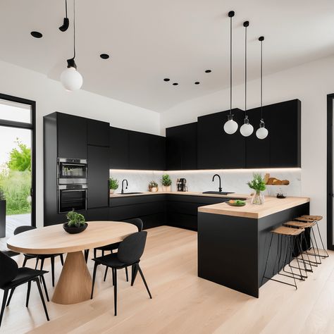 Luxury Black Kitchen, Contemporary Black Kitchen, Black Kitchen Hardware, Black Kitchen Accessories, Black Kitchen Ideas, Black Kitchen Table, Black Kitchen Countertops, Black Kitchen Design, Modern Black Kitchen