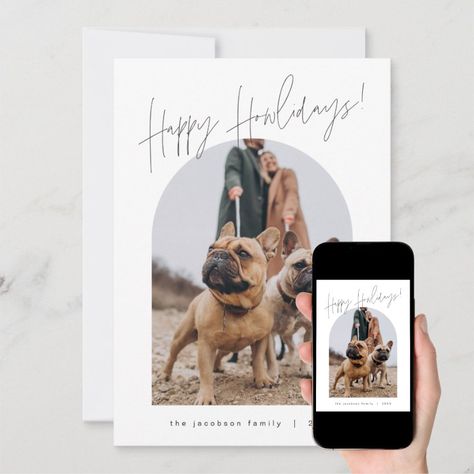 HARLOW Modern Howlidays Dog Christmas Card Zazzle Dog Xmas Cards, Photo Xmas Cards, Dog Holiday Cards, Arch Photo, Dog Xmas, Dog Christmas Card, Dog Family, Happy Holiday Cards, Minimalist Layout