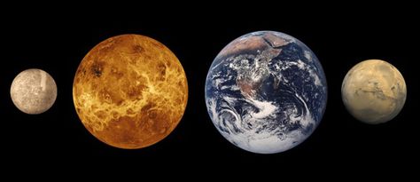 The terrestrial planets of our Solar System at approximately relative sizes. From left, Mercury, Venus, Earth and Mars. Credit: Lunar and Planetary Institute Mercury Planet, Outer Planets, Planetary System, Planetary Science, Closer To The Sun, Plate Tectonics, Our Solar System, Astronomer, Earth Science