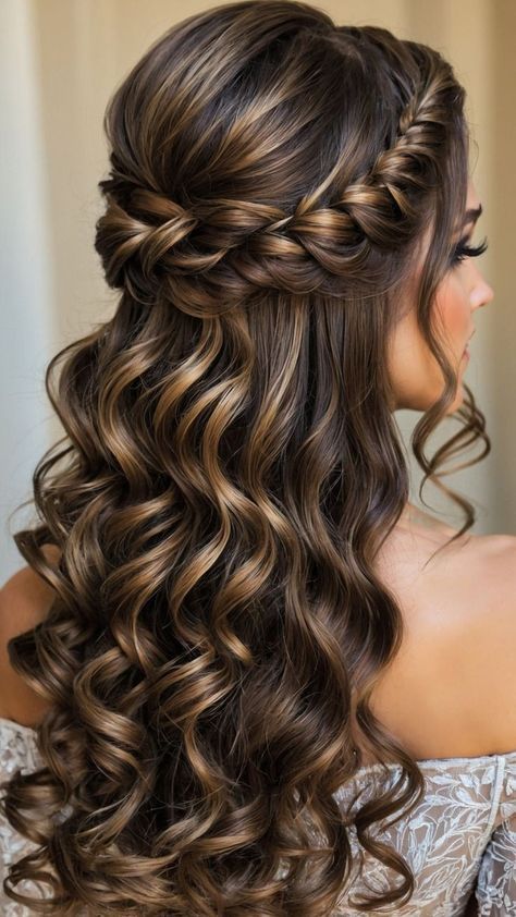 Matriekafskeid Hairstyles, Bride Hairstyles Half Up Half Down Brown Hair, Wedding Long Curly Hair, Wedding Hairstyles Long Hair Half Up, Wedding Hairstyles Curly Hair Half Up, Hair Styles For Formal Dress, Wedding Hairstyles Brunette Long, Curly Bridal Hair Down, Fall Wedding Hairstyles For Long Hair