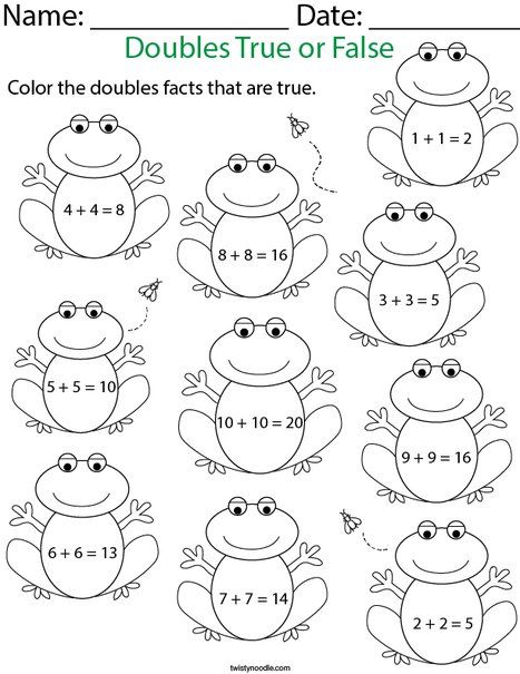 Doubles True or False to 10- Frogs Math Worksheet - Twisty Noodle Doubles Worksheet 1st Grade, Double Addition Worksheet, Doubles Worksheet, Math Doubles, 1st Grade Spelling, Holiday Math Worksheets, Tally Chart, Addition Worksheets, Numbers For Kids