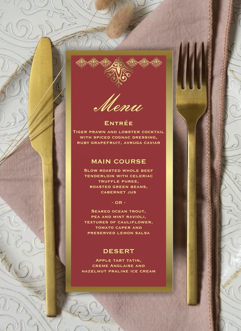 An elegant wedding menu of gold and red, with golden elements to add a touch of elegance and style to your wedding or other special occasion. Red Menu Design, Red And Gold Wedding Reception, Praline Ice Cream, Red And Gold Wedding, Whole Beef Tenderloin, Christmas Diner, Wedding Menus Design, Gold Wedding Reception, Elegant Wedding Menu