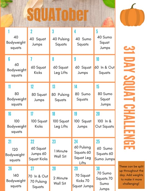 SQUATober Challenge October Workout Challenge 30 Day, October Squat Challenge, October Weight Challenge, October Ab Challenge, Squatober Challenge 2023, Fall Fitness Challenge Ideas, October Health Challenge, October Wellness Challenge, October Fitness Challenge Ideas