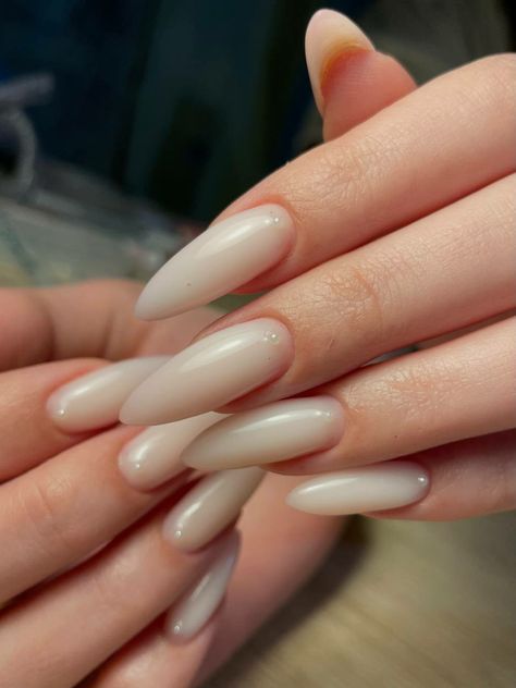 Nails Acrylic Opaque, Milky White Nails Acrylic Almond Long, Soft Stilleto Nails Shape, Glassy White Nails, Long Milky Nails, Milky Gray Nails, Milky Cream Nails, Milky Clear Nails, Milky Stiletto Nails