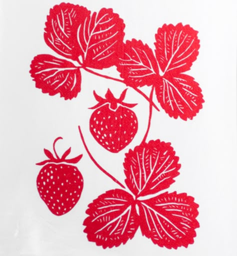 Strawberry - linocut - Rigel Stuhmiller, U.S.A. Strawberry Lino Print, Screen Printing Patterns, Strawberry Block Print, Scandinavian Linocut, Strawberry Linocut, Fruit Linocut, Linoleum Printmaking, Linocut Illustration, Print Making Designs