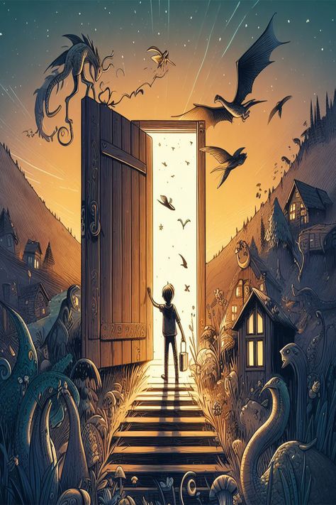 A boy opening a door into the magical world. Child Books Illustration, Upbeat Music, Magical Paintings, Magic Drawing, Doing Chores, School Illustration, Media Branding, Secret Door, Adventure Art