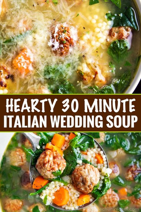 Light and filling, this Italian Wedding Soup is perfectly delicious comfort food, all year round.  Made in one pan, and ready in 30 minutes, this recipe is great for a weeknight meal! #soup #souprecipe #Italianweddingsoup #onepot #30minutemeal #weeknight #dinner #easyrecipe #homemaderecipe Italian Wedding Soup Easy, Homemade Soup Recipes, Italian Wedding Soup Recipe, Corn Soup Recipes, Chunky Chef, Crockpot Soup, Healthy Italian, Yummy Dishes, Homemade Soup Recipe