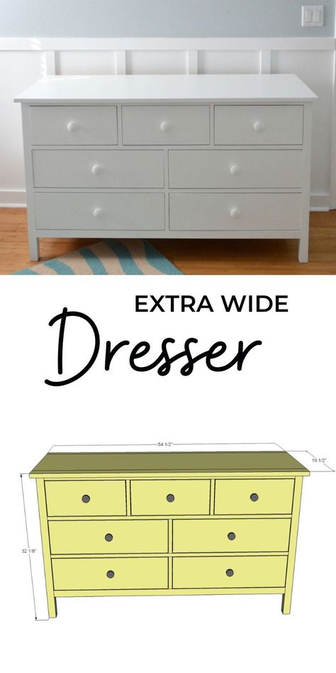 This is a great dresser, with seven drawers to organize it all. Simple styling goes with just about any decor style.  Our free DIY plans include step by step instructions, with diagrams and lots of reader submitted photos. Dresser Plans How To Build, Diy Dresser Build, Diy Dresser Plans, Simple Dresser, 2x4 Wood Projects, Dresser Plans, Brothers Room, Furniture Build, Extra Wide Dresser