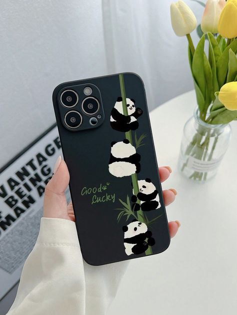 Multicolor  Collar  TPU Animal,Cartoon,Plants Phone Cases Embellished   Cell Phones & Accessories Panda Drawing On Phone Cover, Creative Phone Cover Ideas, Phone Cases Drawing, Panda Phone Cover, Black Phone Cases, Fluffy Phone Cases, Panda Cases, Diy Quilling Crafts, Phone Case Diy Paint