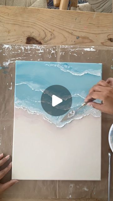 Diy Beach Canvas Painting, Textured Canvas Art Waves Diy, Abstract Beach Painting Acrylics, Ocean Waves Painting Acrylic, Paint Beach Scene Easy, Textured Ocean Painting, Ocean Texture Painting, How To Paint A Beach, Beach Texture Painting