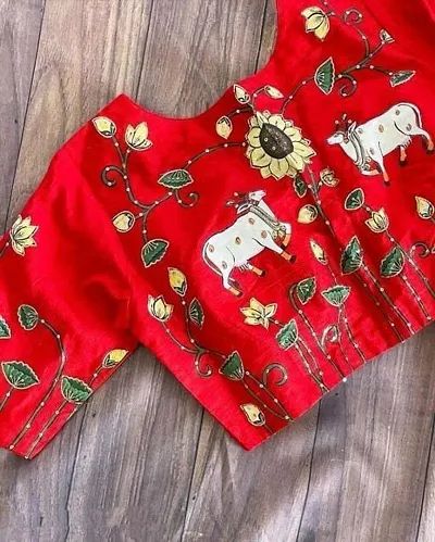 Fancy Silk Blend Blouses For Women Pichwai Blouse, Khatli Work Design, Work Design Blouse, Paintings On Fabric, Lehenga White, Khatli Work, Lehenga For Women, Handmade Blouse, Kutch Work Designs