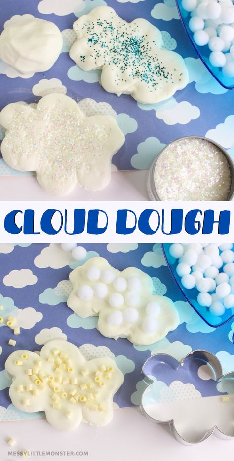 How to make cloud dough. Follow our easy cloud dough recipe and use it for a fun sensory cloud activity for kids. Cloud Snack Preschool, Rain Sensory Activity, Preschool Cloud Crafts, Sky Preschool Craft, Cloud Sensory Play, Weather Sensory Play, Weather Playdough, Cloud Activity Preschool, Weather Messy Play