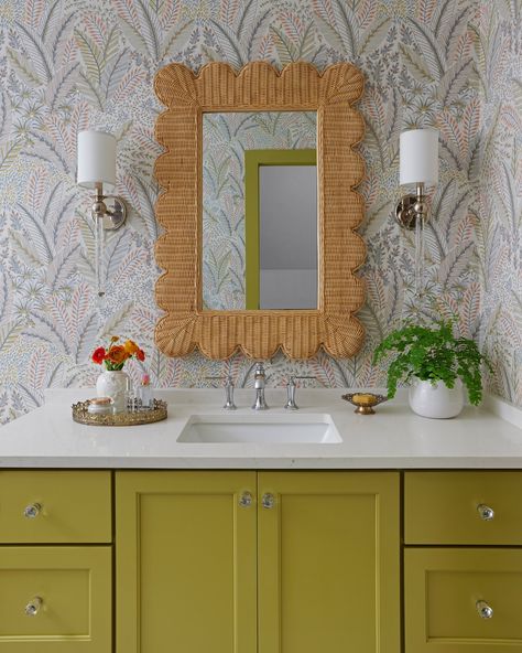 Kicking off the weekend with a burst of color and charm! This bathroom is just one of the many spaces in the home that’s filled with playful touches and cheerful vibes. #TwinInteriors: @lydiasmith_280 #TwinCabinets Photo: @jallsopp Chartreuse Bathroom, Funky Wallpaper Bathroom, Modern Tropical Bathroom, English Country Bathroom, Oversized Floor Lamp, Funky Bathroom, Home Keeping, Bold Bathroom, Custom Backsplash