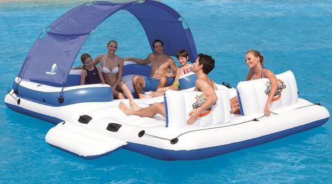 Inflatable Island with, cooler, Removable Sunshade 6 Person floating island raft   This island raft seats up to 6 people This medium size multi person floating party island is not as it seems, its a raft for the lake and … Continued Lake Rafts, Inflatable Floating Island, Inflatable Island, Flamingo Pool Float, Cool Pool Floats, Island Water, Pool Rafts, Floating Island, Inflatable Pool Floats