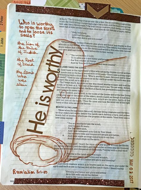 Revelation Bible Journaling, Bible Journaling Doodles, Spiritual Journaling, Journaling Doodles, Revelation Bible Study, Illustrated Bible, Revelation 5, Bible Doodles, Revelation Bible