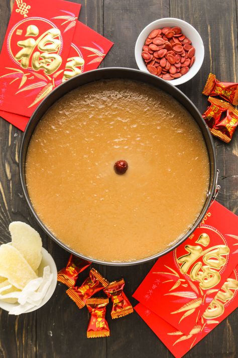 Nian Gao is a traditional and delicious way to welcome the Lunar New Year! Enjoy the soft rice cake fresh or pan fry them for a caramelized coating! #niangao #ChineseNewYearcake #LunarNewYearcake Lunar New Year Recipes, Imlek 2023, Chinese New Year Cake, Nian Gao, Chinese Almond Cookies, Sticky Rice Cakes, Chinese Desserts, Sticky Rice Cake, Chinese New Year Food