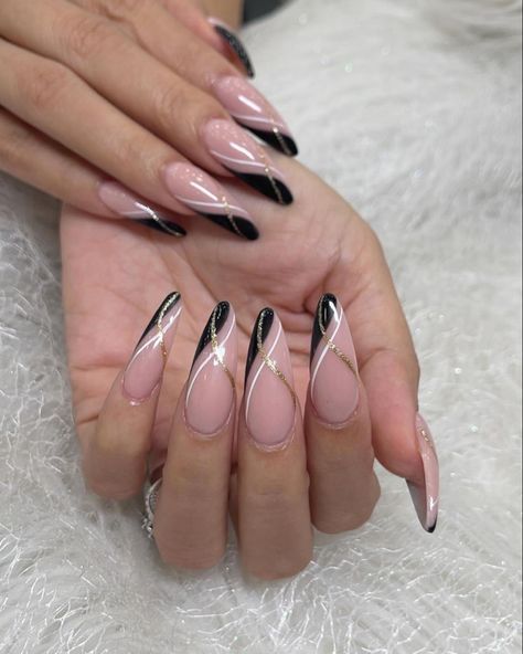 Matte Black Nails With Gold Lines, Almond Nails Designs Black Tips, Black White Almond Nails Designs, Black Nails Ideas Almond Shape, Black And White French Nails Almond, Stelito Nails French Tip, White And Black Nails Almond, Black Nude Gold Nails, Black White Gold Nails Design