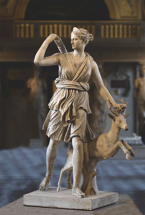 Diana (Artemis) Huntress known as Diana of Versailles. The “Seville-Palatine” type. Marble. Roman copy of the 1st—2nd cent. CE of a lost Greek bronze original attributed to Leochares, ca. 325 BCE. Inv. No. MND 1560 / Ma 3435. Paris, Louvre Museum, Galerie des Caryatides Diana Of Versailles, Diana Artemis, Diana Statue, Classical Sculpture, Artemis Goddess, Paris Louvre, Roman Sculpture, Roman Goddess, A Discovery Of Witches