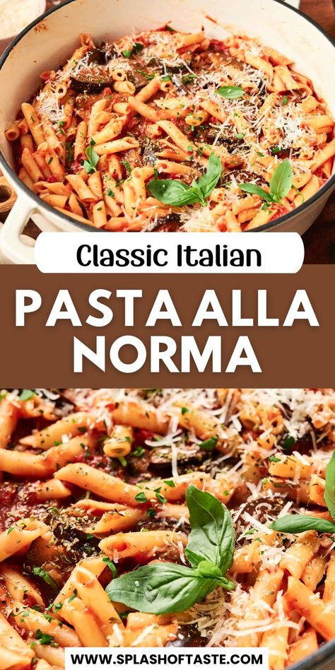 "This classic homemade pasta alla Norma is an authentic Italian dish that's easy to make and full of flavor! It features eggplant, garlic, and oregano simmered in a rich tomato sauce, with a sprinkle of Parmesan and fresh basil. This is a vegetarian pasta recipe that everyone is going to love— all the comforting Italian flavors many adore, in just one pan. Perfect for comfort food, family weeknight meals, feeding a crowd, birthday parties, date nights at home or casual get-togethers with friends. Ready to enjoy a comforting Italian meal? Try this pasta alla Norma recipe today! Eggplant Recipes Pasta, Sicilian Eggplant, Vegetarian Pasta Recipe, Eggplant Pasta, Classic Italian Pasta, Pasta Alla Norma, Vegetarian Pasta Recipes, Vegetarian Pasta, Food Family