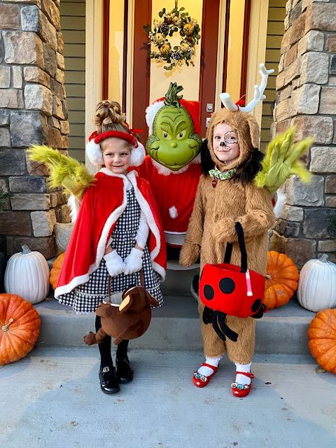 The Grinch Halloween Costumes- Grinch, Cindy Lou Who and Max Grinch Cindy Lou Who Max Costume, The Grinch Halloween Costume Family, The Grinch Family Costumes, Max Costume Grinch, The Grinch Trunk Or Treat, Grinch Characters Costumes, Max From The Grinch Costume, Grinch And Max Costume, Grinch Family Costume