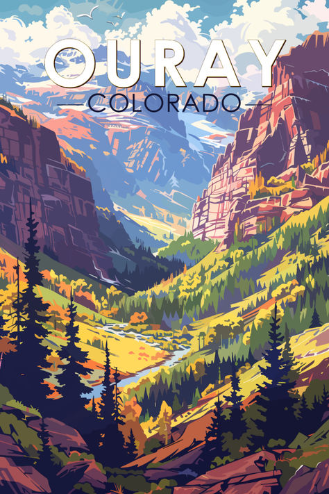 Retro-style illustration of Ouray, Colorado, featuring dramatic mountain peaks and lush valleys with vibrant autumn colors, capturing the scenic beauty of the area. Colorado Travel Poster, Colorado Poster, Colorado Posters, Ouray Colorado, Retro Style Posters, Majestic Mountains, Colorado Travel, Art Lovers, Vintage Travel Posters