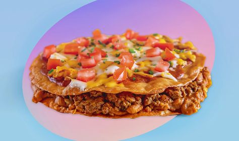 Vegan Copycat Taco Bell Mexican Pizza | VegNews Vegan Pizza Cheese, Copycat Taco Bell Mexican Pizza, Vegan Copycat, Vegan Garlic Bread, Copycat Taco Bell, Taco Bell Mexican Pizza, Vegan Ground Beef, Mexican Pizza, Vegan Fast Food