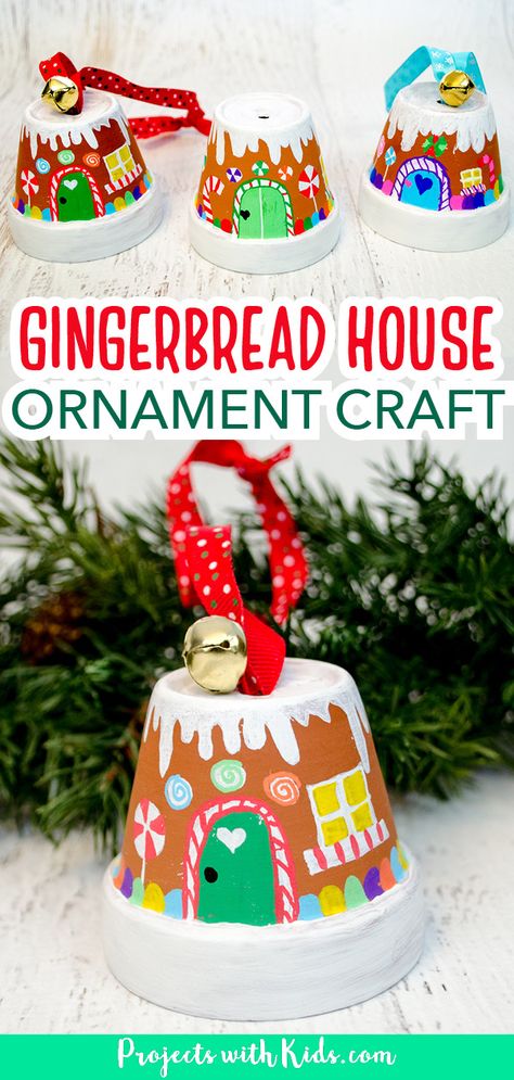 Transform mini terra cotta pots into the sweetest gingerbread house ornaments! Kids will love making this adorable Christmas craft to hang on the tree or give as a special gift. Mini Terra Cotta Pots, Gingerbread House Ornaments, Kids Christmas Crafts, Ornament Craft, Kids Christmas Ornaments, Kids Christmas Party, Terra Cotta Pots, Christmas Craft Ideas, House Ornaments