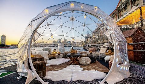 Garden Igloo, Rooftop Restaurant Design, Magical Sky, Bubble Tent, Mountain Coffee, Tent Decorations, Public Seating, Dome Tent, Winter Ideas