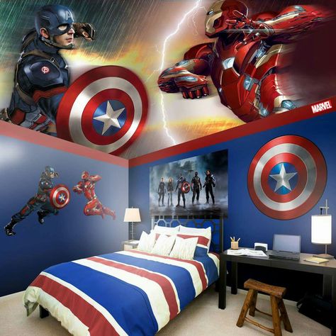 Avengers Themed Bedroom, Avengers Bedroom Decor, Avengers Bedroom, Marvel Bedroom, Avengers Room, Marvel Room, Superhero Bedroom, Boys Bedroom Makeover, Modern Kids Bedroom