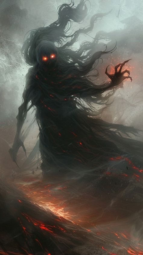 A shadowed figure shrouded in swirling black mist, eyes glowing an eerie red, performs a ritualistic dance. A ghostly apparition rises from the ground, its form flickering and distorted, reaching out with skeletal fingers. The air crackles with arcane energy, casting long, ominous shadows on the desolate landscape. Shadow Monster Fantasy Art, Dark Creatures Shadows, Candela Obscura Aesthetic, Shadow Werewolf, Shadow Monster Art, Shadow Demon Art, Mist Monster, Occult Art Dark, Scary Monster Art