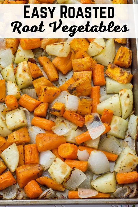 Easy Oven Roasted Root Vegetables Recipe features Russet potatoes, sweet potatoes, carrots and onion. It is an easy and healthy side dish. Roasted White And Sweet Potatoes, Roasted Sweet And White Potatoes In Oven, Oven Roasted Russet Potatoes Easy, Sweet Potato And Onion, Oven Roasted Root Vegetables, Toasted Potatoes, Oven Baked Chicken Tenders, Easy Roasted Vegetables, Oven Roasted Sweet Potatoes