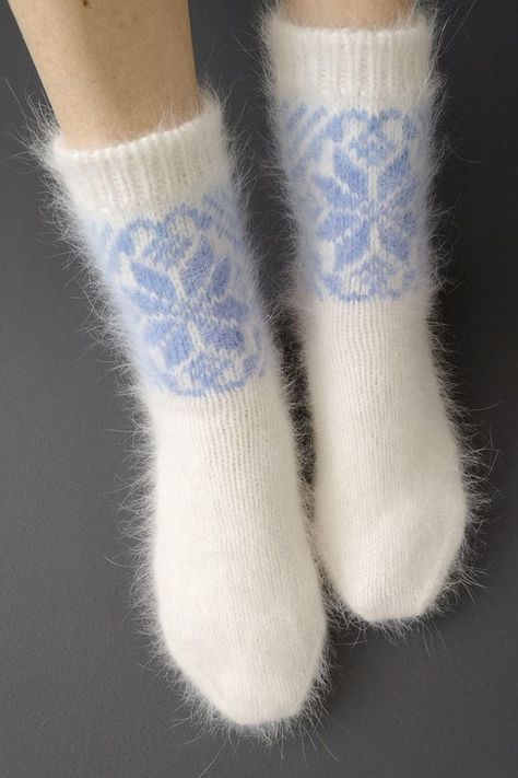 Hand knit angora wool winter home socks Pink Hand Knitted Socks For Winter, Hand Knitted Knee-high Socks For Winter, Angora Socks, Cozy Knitted Blue Socks, Pink Hand-knitted Winter Socks, Fluffy Bedding, Bed Socks, Angora Rabbit, Handmade Socks