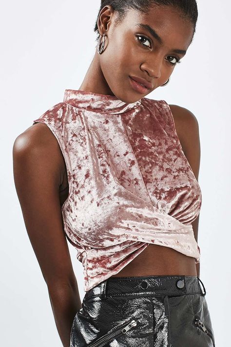 Crushed Velvet Twist Front Top Crop Top Sleeveless, Knot Crop Top, Crushed Velvet Fabric, Mock Neck Crop Top, White Bandeau, Twist Front Top, Velvet Crop Top, Winter Shirts, Live Your Best Life