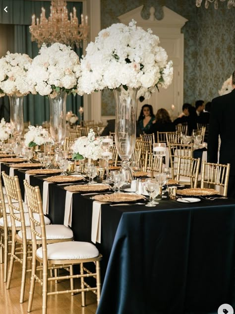 Champagne And Navy Blue Wedding Decor, Navy Blue Black And White Wedding, Navy Blue And Champagne Wedding Centerpieces, White Gold And Black Wedding Decor, Ivory And Black Wedding Reception, Black Gold And Blue Wedding, Black Gold Ivory Wedding Decor, Gold Blue Wedding Theme, Black White And Gold Wedding Decor