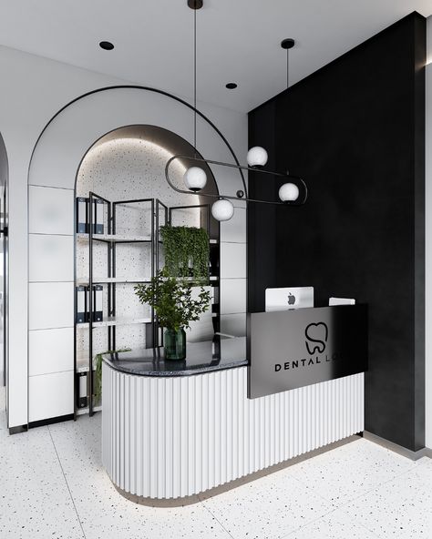 Сlinic of dentistry on Behance Elegant Shop Design, Clinic Front Desk Design, Black And White Reception Desk, Simple Clinic Interior Design, Black And White Clinic Interior Design, Black Front Desk, Black And White Boutique Interior Design, Black And White Dental Clinic, White Clinic Interior