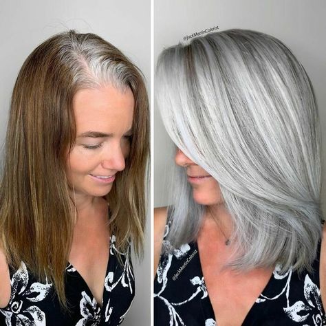 Gray Hair Makeover Grey Hair Before And After, Platinum Hair Color, Grey Hair Transformation, Gorgeous Gray Hair, Grey Hair Inspiration, Beautiful Gray Hair, Girls Natural Hairstyles, Blending Gray Hair, Gray Hair Highlights