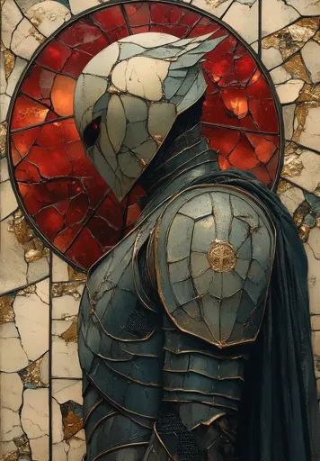 ↑↑↑ Larger size on website 🔸 A figure clad in intricately detailed, blue-grey armor stands before a stained glass window. The arm Glass Armor, Grey Stain, Red Eye, Stained Glass Window, Stained Glass Art, White Stone, Stained Glass Windows, Red And Gold, Glass Window