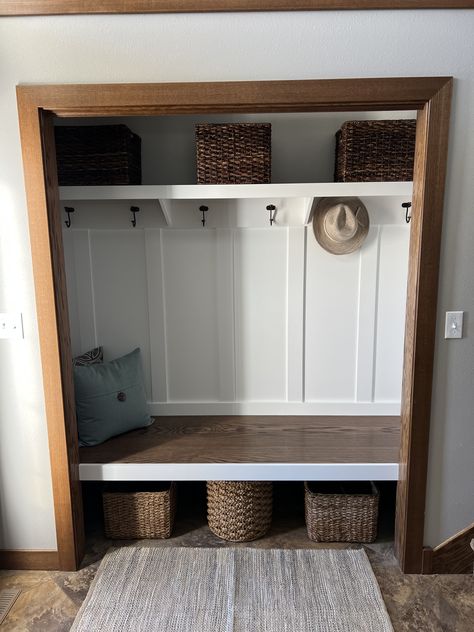 Closet Entryway Ideas, Entry Closet Mudroom, Closet Turned Into Mudroom, Closet To Mudroom Convert, Front Closet Makeover, Hallway Closet Makeover, Front Entry Closet, Mud Closet, Entry Closet Makeover