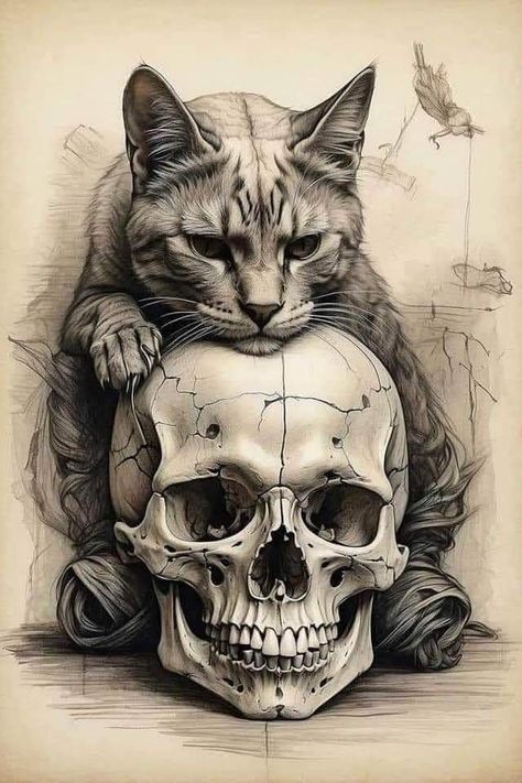 Kitty Tattoos, Halloween Canvas Art, Cat Skeleton, Chat Halloween, Skulls Drawing, Dark Art Tattoo, Skull Tattoo Design, Skull Artwork, Skull Drawing