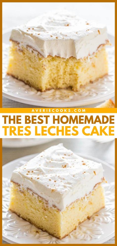 Tres Leches Cake (Easy Recipe!) - Averie Cooks Best Tres Leches Cake, Easy Tres Leches Cake, Easy Tres Leches, Mexican Dessert Recipes Easy, Tri Lece, Tres Leches Recipe, Cream Poke Cake, Three Milk Cake, Cake Recipes For Beginners