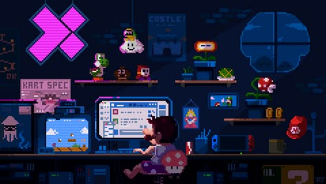 Chilling Mario, Pixel Art Mario Room, 4k Desktop Wallpapers, Chill Wallpaper, Pixel Gif, Pc Photo, Super Mario Kart, Mushroom Wallpaper, Wallpapers Pc, Pixel Art Background