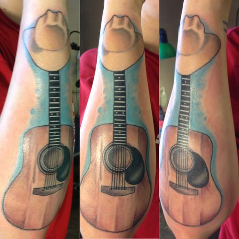 This was a in memory tattoo for the clients dad. The photo was her dads guitar and cowboy hat. That she had put on her to honor him Grave Tattoo, Guitar Tattoos, Cowboy Hat Tattoo, Hat Tattoo, Dad Tattoo, Soul Tattoo, Faith Tattoo, Guitar Tattoo, Note Tattoo