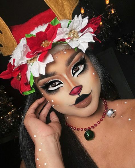 Christmas Character Makeup Looks, Ugly Sweater Makeup Ideas, Crismas Makeup Look, Christmas Character Makeup, Rudolf Makeup, Christmas Reindeer Makeup, Mrs Claus Makeup, Elf Makeup Looks Christmas, Santa Claus Makeup