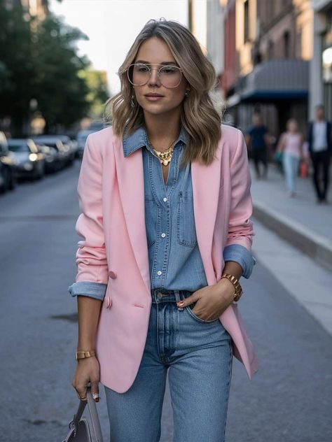 15 Pink Blazer Outfit Ideas That'll Make You Blush (With Envy!) 13 Casual Pink Blazer Outfits, Pink Shirt Outfit Work, Wearing Pink In The Fall, Pink Plaid Blazer Outfit, Peach Blazer Outfits For Women, Rose Gold Casual Outfit, Pink Shirt Outfit For Women, Colored Blazer Outfits, Blazer Pink Look