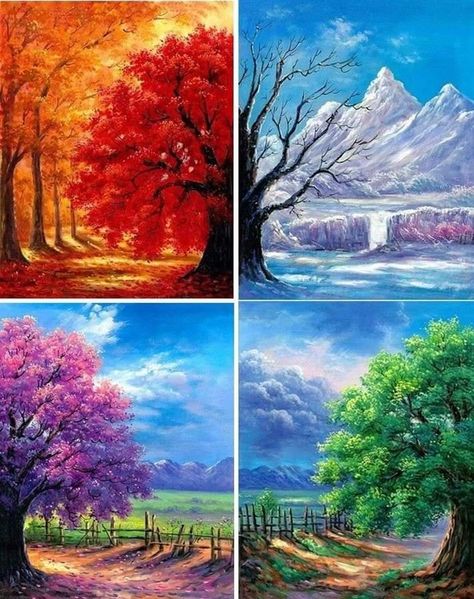 Four Seasons Tree Painting, Four Seasons Painting, Four Seasons Art, Donna Dewberry Painting, Beach Art Painting, Silhouette Painting, Abstract Floral Art, Diamond Paintings, Diamond Painting Kits